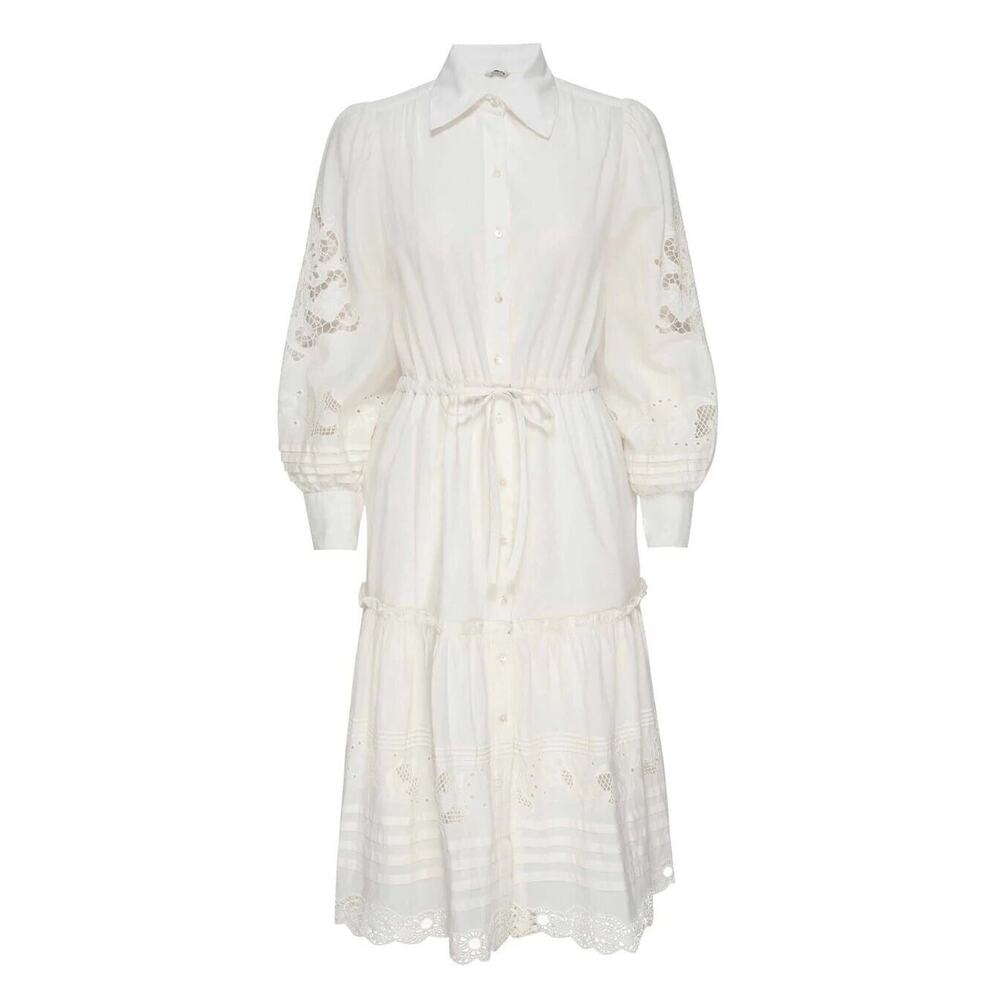 St. Roche Darcy Dress Midi Button Up Lace Trim Long Sleeves‎ Milky Size 8 NWT